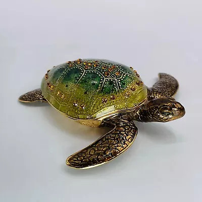 Sea Turtle Trinket Box Jewelry Bejeweled Enamel Metal Hinged Rhinestone Crystal • $34.85