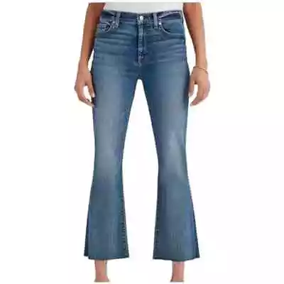 7 For All Mankind High Rise Kick Flare Cropped Jeans Stretch Frayed Hems 28 EUC! • $37