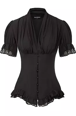 Scarlet Darkness Women Victorian Short Sleeve Black Steampunk Lace Up Blouse XL • $29.95