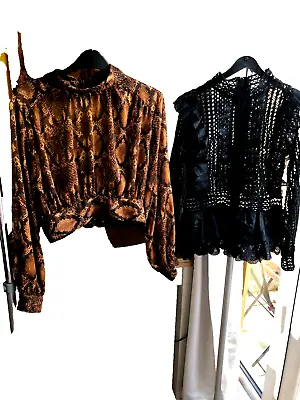 2x Women Top ZARA Eur M Crop Snakeskin Uk S GOLDEN DAYS Black Peplum Lace Top • £5.75