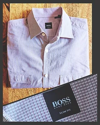 Hugo Boss Medium Convertible Sleeve Slim Fit Light Maroon Check Casual Shirt • $21.99