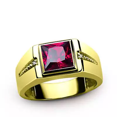 Men's Ring Red Ruby With Natural Diamonds In 10K Yellow Gold Statement Ring For • $639