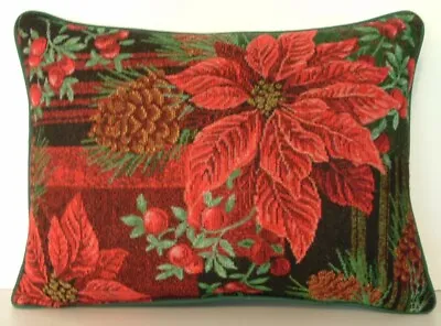 Christmas -Red Poinsettia Pine Cones & Needles Berries Tapestry Pillow New • $16