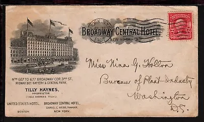 UNITED STATES 1907 BROADWAY CENTRAL HOTEL NY ADVERTISEMENT COVER 2c Rate • $15.90