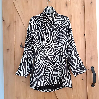 G.E.T Zebra Print Trench Rain Coat Womens M Black White Lined Jacket Hood Short • £28.92