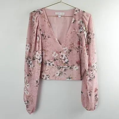 $34.95 • Buy Forever New Size 14 Pink Floral Long Balloon Sleeve V Neckline Crop Top Shirt