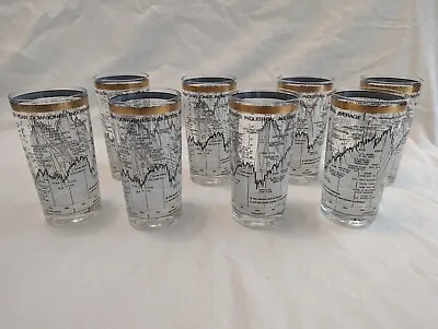 Vintage Cera Glasses Wall Street 10-Year DJIA 1958-1968 Set Of 8 • $350