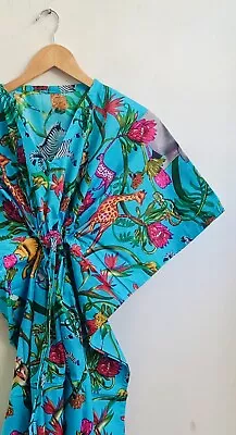 Indian Turquoise 100% Cotton Caftan Handmade Animals Kaftan Beach Night Dress AU • $37.82