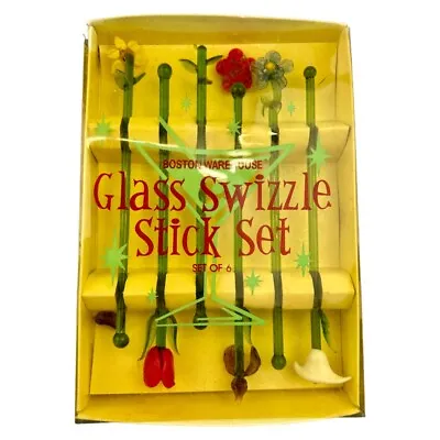 Vintage Boston Warehouse Set Of Blown Glass Cocktail Swizzle Sticks Flower FLAWS • $15
