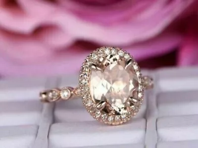 2.50Ct Oval Cut Morganite Halo Lab-Created Ring 14k Rose Gold Plated • $97.99