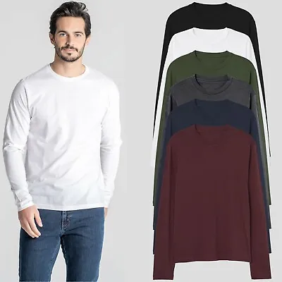 £6.99 • Buy New Mens Long Sleeve T-Shirt Slim Fit 100% Cotton Plain Crew Round Neck Tee Tops