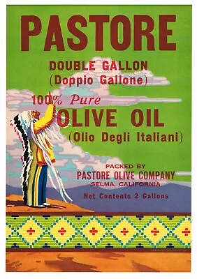 Original 1940s Large Can Label Vintage Pastore Olive Oil Native American Indian • $5.95