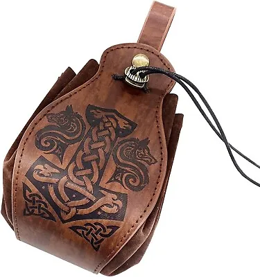 Medieval Belt Pouch Brown Renaissance Leather Drawstring Dice Bag Viking Thor's • $14