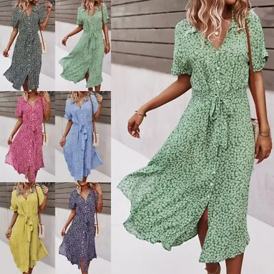 Women Sundress V Neck Summer Midi Dress Ladies Short Sleeve Holiday Sexy Lace Up • £13.99