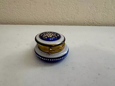 Vintage Cobalt Blue Glass Pill / Trinket Box W Painted Enamel Flowers Decoration • $45