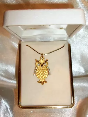 Vintage /New In Box  Diamond Cut Gold Tone  Necklace Owl Pendant Rhinestones • $9.99