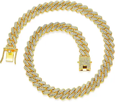 Cuban Link Chain 13mm Iced Out Necklace Hip Hop Bling Diamond Silver/Gold • $23.15