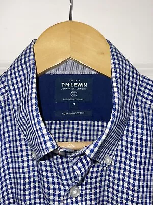 TM Lewin Business Casual Egyptian Cotton Mens Shirt Medium Blue Gingham Check Ou • £9.50