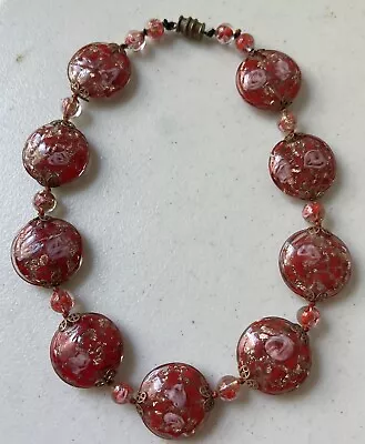Vintage Red & Pink Murano Glass Disc Bead Necklace With Gold Aventurine 15 1/2  • $42