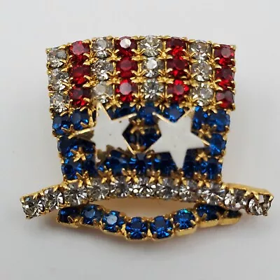 Uncle Sam Hat Brooch Red Blue Crystal White Star Rhinestone Patriotic USA Pin • $14