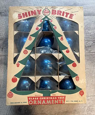 Vintage Shiny Brite Ornaments Blue Glass Ball Christmas Tree 12 Pack Boxed USA • $29.98
