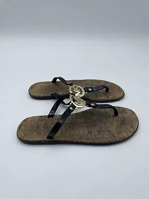 Michael Kors Black Jelly T-Strap Cork Thong Sandals Gold MK Logo Size 8 M • $19.99