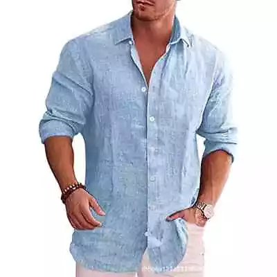 Shirt Men's Long Sleeve Plain Cotton Linen Club Button Down Short Casual 25% OFF • $19.99