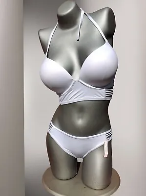 Victoria's Secret Long Line White Bombshell Push Up Itsy Halter Bikini 34C/M US • $169.99