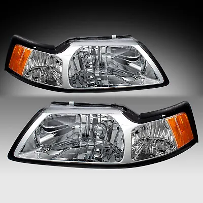 For 1999-2004 Ford Mustang Chrome Housing Amber Corner Headlights Lamps Set • $65.99