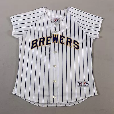 Milwaukee Brewers Jersey Womens Small White MLB Baseball Majestic Outdoors U57 • $24.95