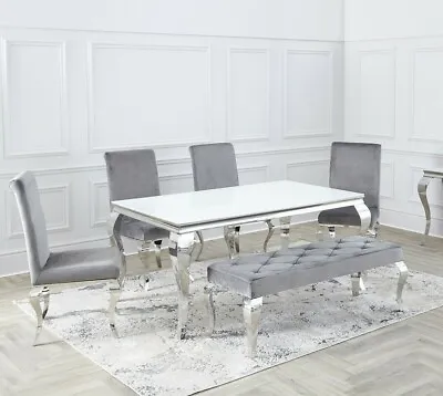 Louis Chrome SET White  Black Glass Dining Room Table & Velvet Chairs 1.6 / 2m. • £399