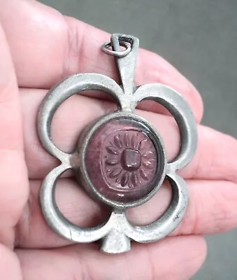 Vintage R TENNESMED Sweden Pewter FLOWER PENDANT Purple Jeweled Center MODERNIST • $33.71