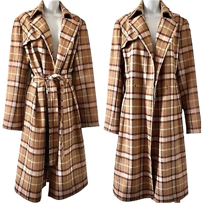 BCBGMaxAzria Trench Coat Plaid Check Tan Camel Wool Blend Women Size Small 6 • $150