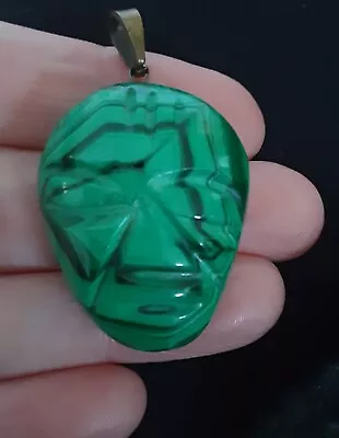 Vintage Carved Malachite Green Stone Mask Face Carved Stone Pendant • $9.95