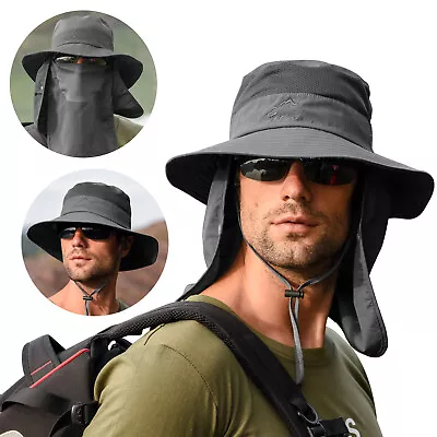 Men Wide Brim Sun Hat UV Protection Bucket Cap For Hiking Camping Fishing Safari • $10.29