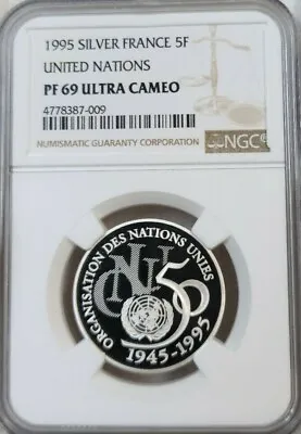 1995 France Silver 5 Francs United Nations Ngc Pf 69 Ultra Cameo Scarce Top Pop • $125