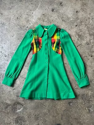 Vintage 1960s Green Plaid Fitted Puff Sleeve Mini Coat Dress • $98