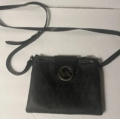 Michael Kors Fulton Crossbody Bag Black Signature MK Double Zip Organizer Purse • $45