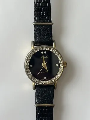 VINTAGE Moulin Crystal Gold Black Watch Croc Leather Band Japan Stainless • $18