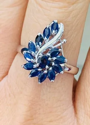 14k Solid White Gold Cluster Ring Band Natural Sapphire Marquise Cut Size 7 • $238.35