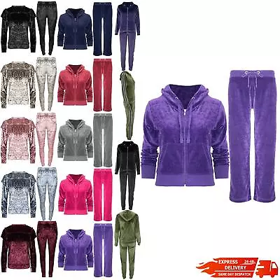 Womens Ladies Hooded Velvet Velour Jogging Bottom Top Loungewear Tracksuit Set • £17.49