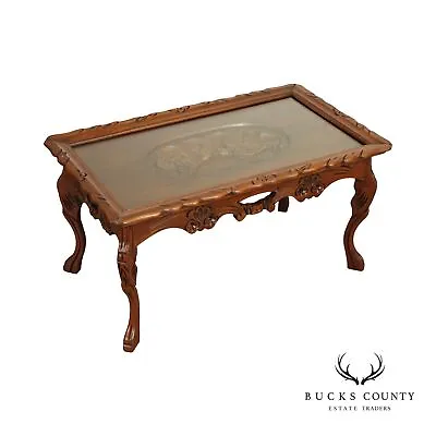 French Style Vintage Glass Top Carved Walnut Coffee Tray Table • $695