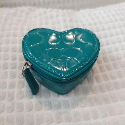 Coach Signature Teal Patent Leather Heart Jewelry Box • $39