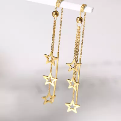 Gold Star Pull Though Threader Earrings Stainless Steel Elegant Fashion Drop PE9 • $4.95