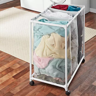 3 Bag Mesh Rolling Sorter Laundry Cart With Wheels Soft Silver • $12.83