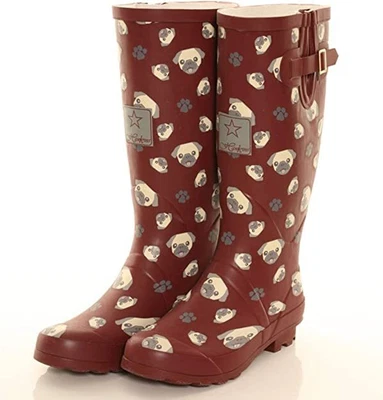£27.99 • Buy Ladies Wellington Boots - Pug (Dog) Printed Matt Rubber Welly Boots Burgundy