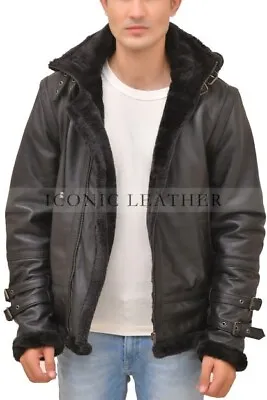 Men's B3 Black Bomber GENUINE Leather Jacket With Removable Hood • $69