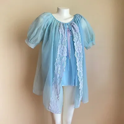 Vintage 70s Large Light Blue Lingerie Cami & Robe Set Lace Sheer Negligee • $65