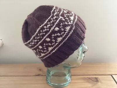 A Man's Hand Knitted Fair Isle Beanie Hat In Brown/cream M New. • £20