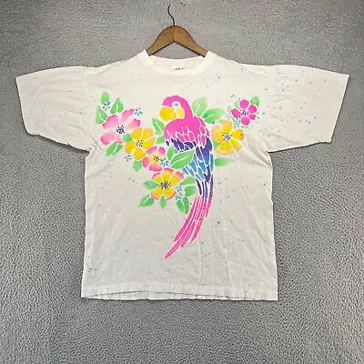 Vintage Parrot Shirt Adult One Size Fits Large White Colorful Single Stitch USA • $22.83